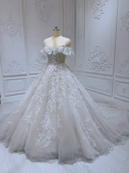 Stock clearance! Size 8! Ivory beading 3D floral ballgown fairy wedding dress - Ting's Bridal Collection