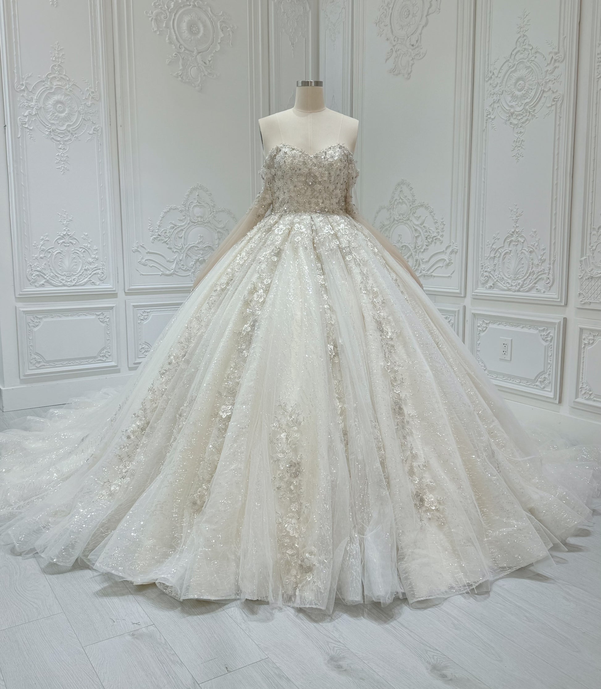 Stock Clearance! Bridal size 12! Champagne strapless/off the shoulder puffy long sleeve beaded 3D floral full ballgown fairy wedding dress - Ting's Bridal Collection