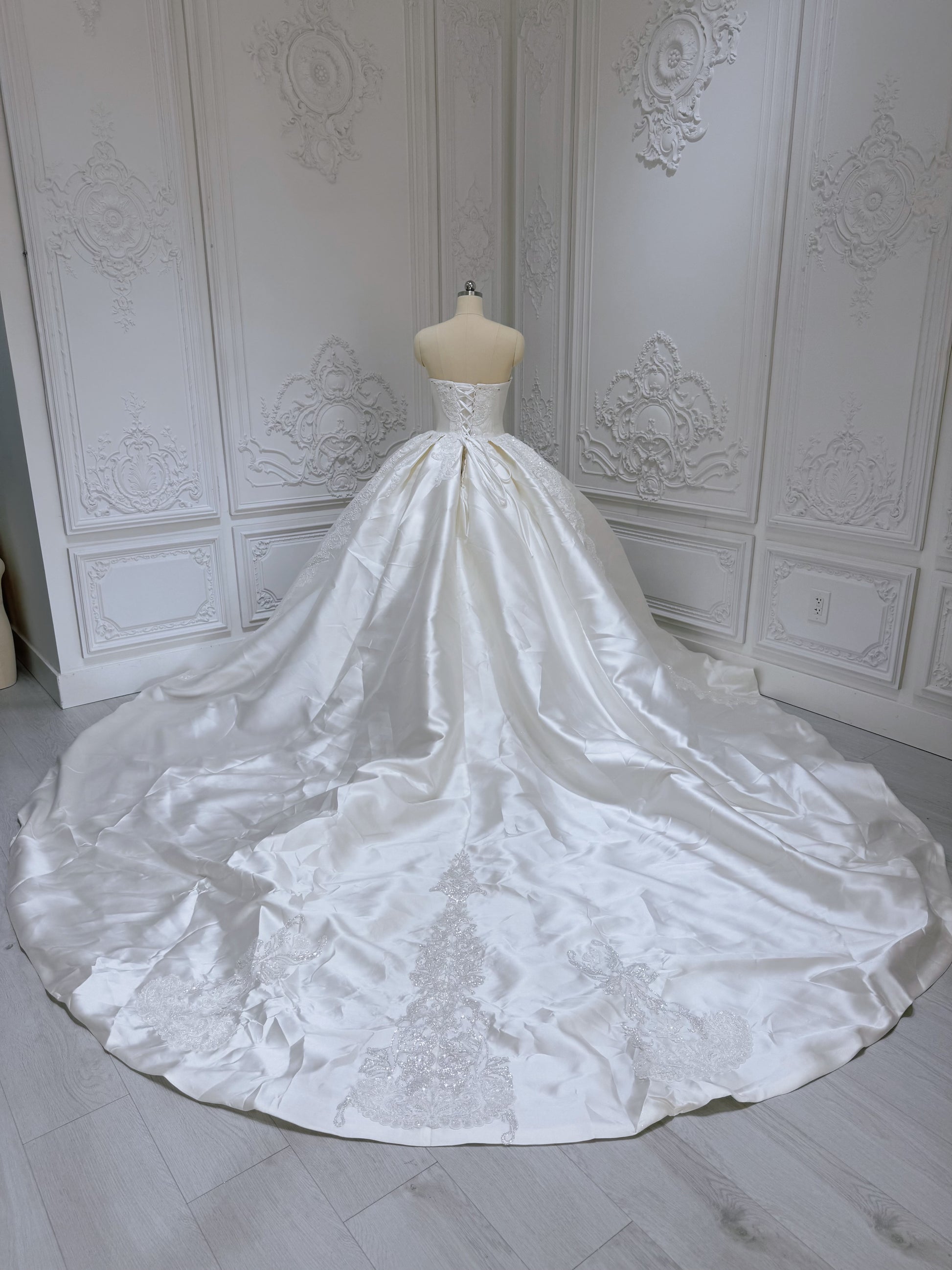 TBC-B045 Luxury lace beading ivory satin princess ballgown royal wedding dress - Ting's Bridal Collection