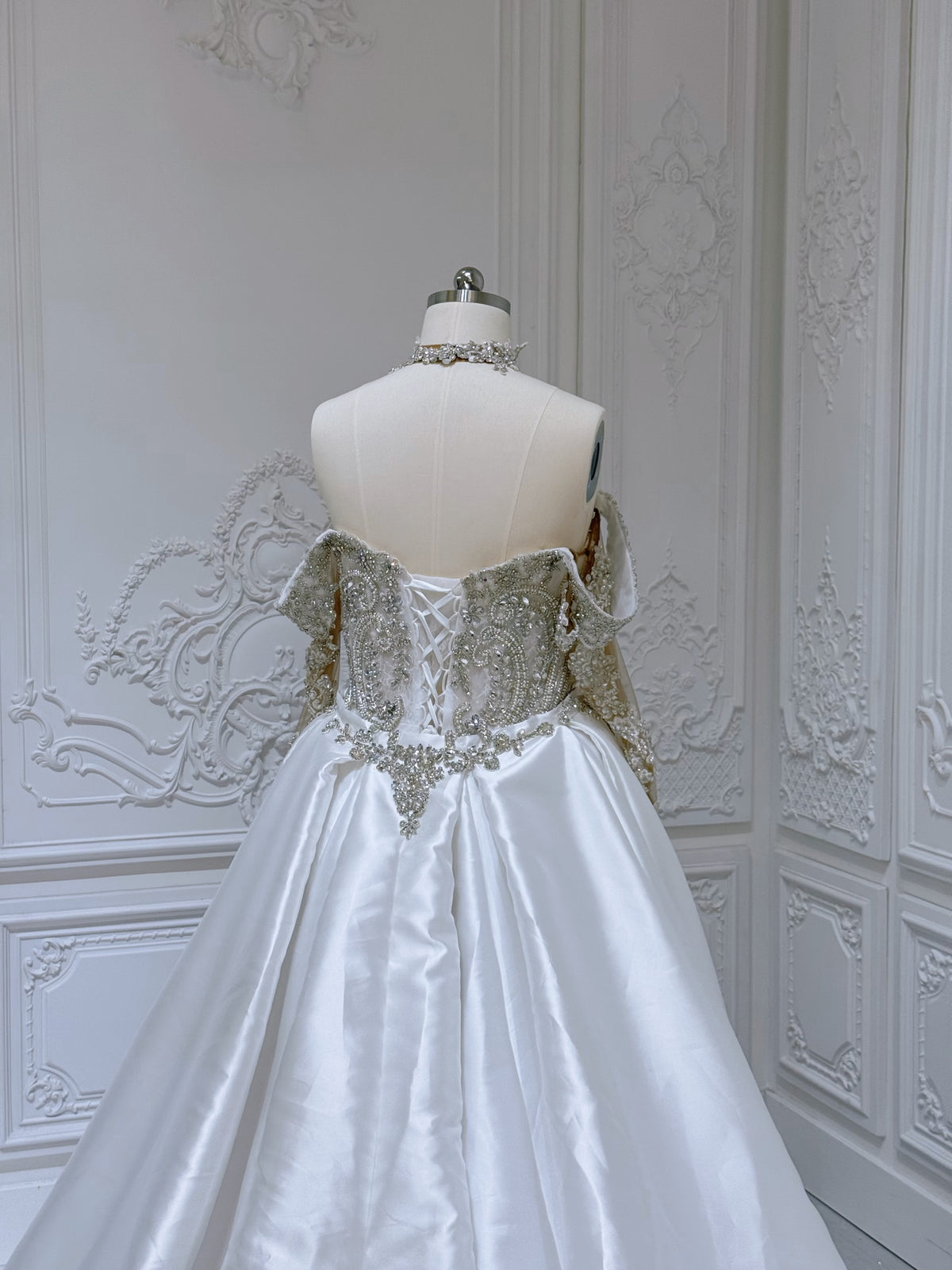 TBC-NZ2029 Stock of Luxury fully beaded off the shoulder mermaid wedding dress with detachable satin skirt. - Ting's Bridal Collection