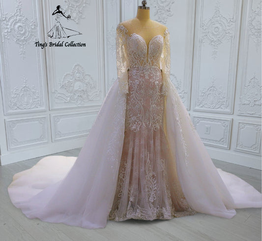 TBC-CM41 Custom-made long sleeve lace embroidered 2 in 1 look mermaid wedding dress with detachable skirt - Ting's Bridal Collection