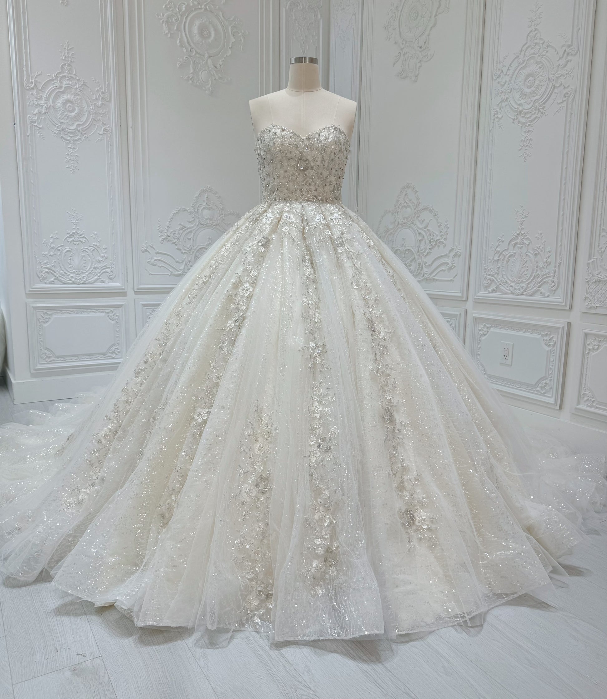 Stock Clearance! Bridal size 12! Champagne strapless/off the shoulder puffy long sleeve beaded 3D floral full ballgown fairy wedding dress - Ting's Bridal Collection
