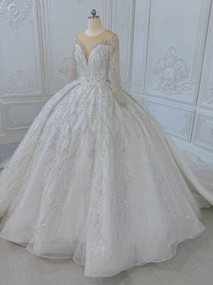 TMC-CM47 Custom-made luxury pearl with beading lace long sleeve 2 in 1 Ballgown&mermaid royal wedding dress - Ting's Bridal Collection