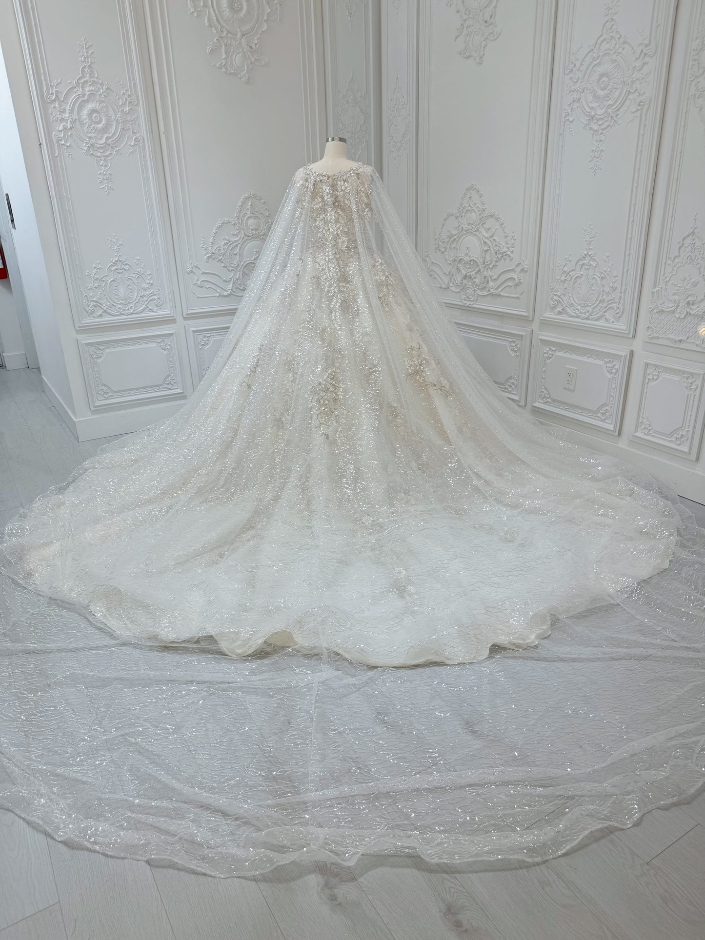 Stock Clearance! Bridal Size 12! Champagne color sparkling 3D floral lace princess ballgown fairy wedding dress with detachable cape - Ting's Bridal Collection