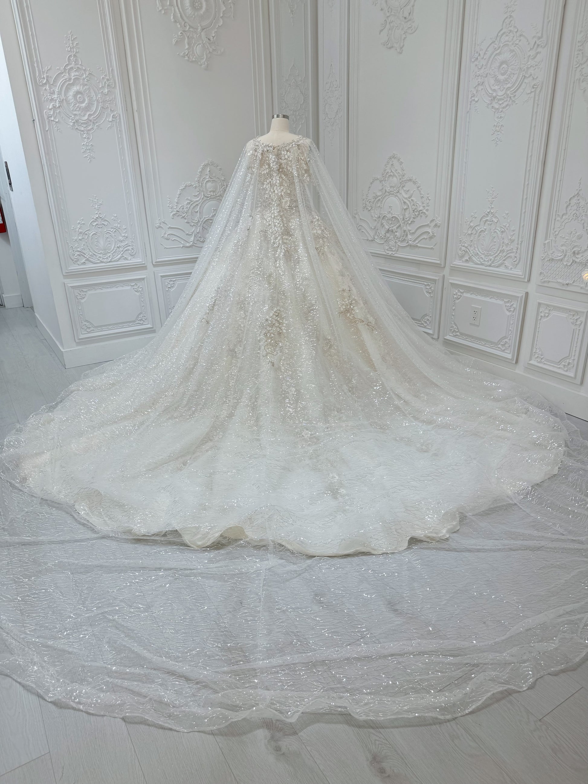 Stock Clearance! Bridal Size 12! Champagne color sparkling 3D floral lace princess ballgown fairy wedding dress with detachable cape - Ting's Bridal Collection