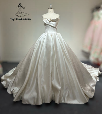 TBC-B027 Made to order satin ballgown wedding dress with ruffled neckline - Ting's Bridal Collection