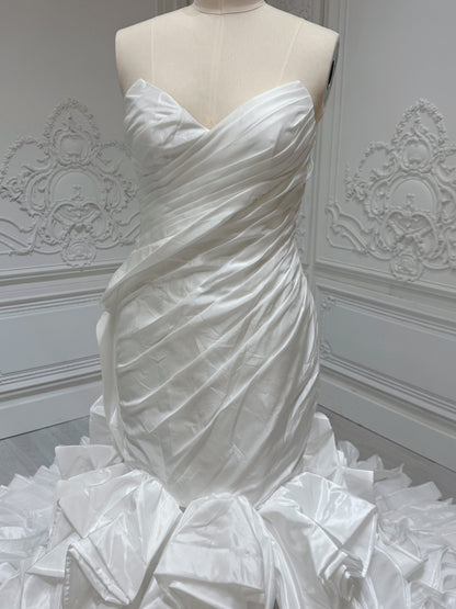 Stock clearance Bridal size 14! White satin pleated mermaid wedding dress with ruffled skirt - Ting's Bridal Collection