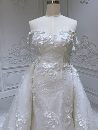 TBC-2IN1-002  Stock of White 3D floral off the shoulder 2 in 1 split mermaid wedding dress with detachable skirt - Ting's Bridal Collection