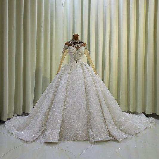 TBC-CM007  Custom-made luxury crystal beading sparkling high neck with long sleeve princess ballgown wedding dress - Ting's Bridal Collection
