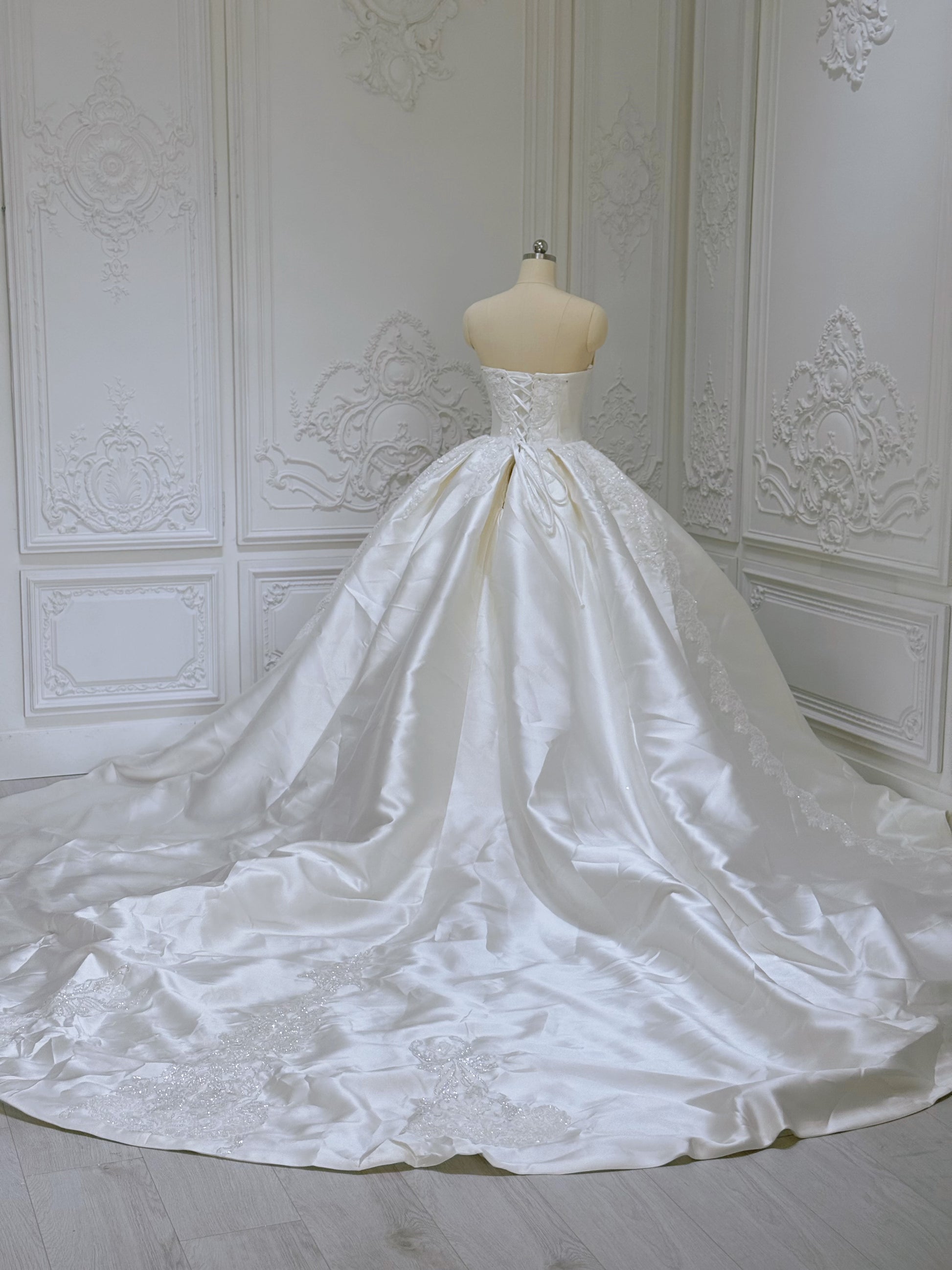 TBC-B045 Luxury lace beading ivory satin princess ballgown royal wedding dress - Ting's Bridal Collection