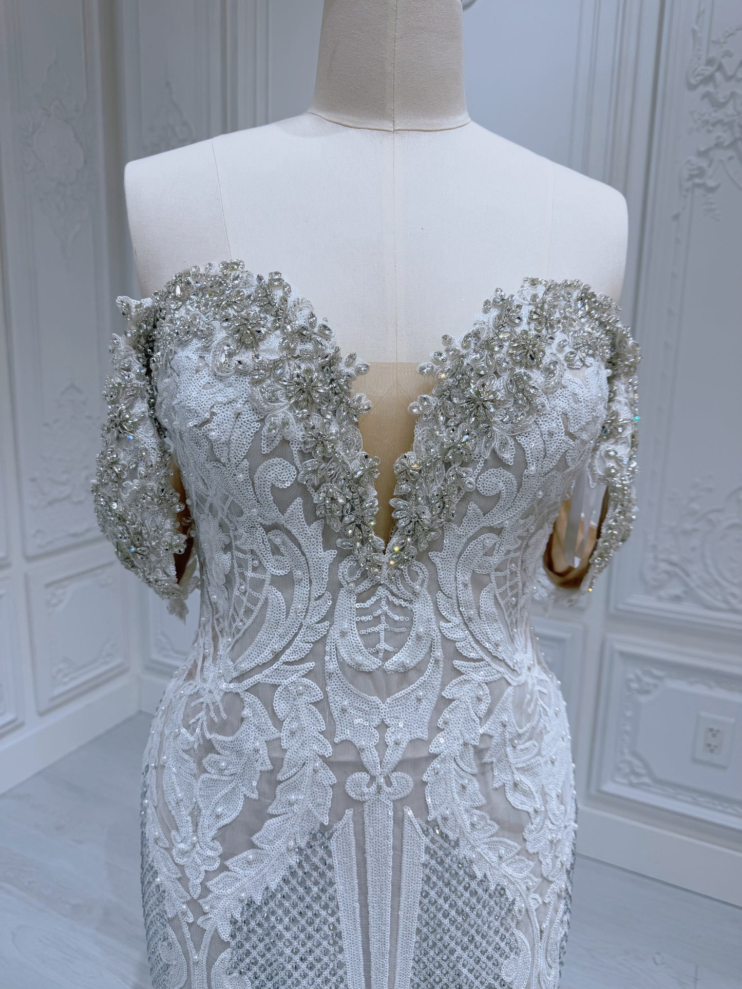 Stock Sale! Ivory crystal beaded fitting trumpet wedding dress with split - Ting's Bridal Collection