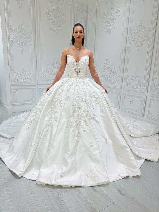 Stock Sale! Customer-made luxury beading lace embroidered strapless satin 2 in 1 ballgown&mermaid royal wedding dress with detachable skirt - Ting's Bridal Collection
