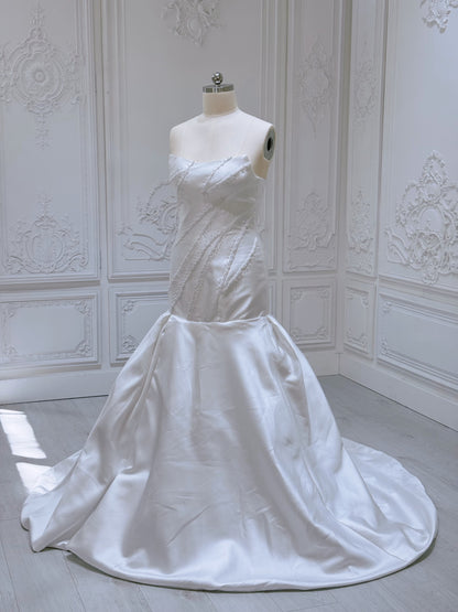 TBC- SM061 Stock of pearl beading white satin mermaid wedding dress