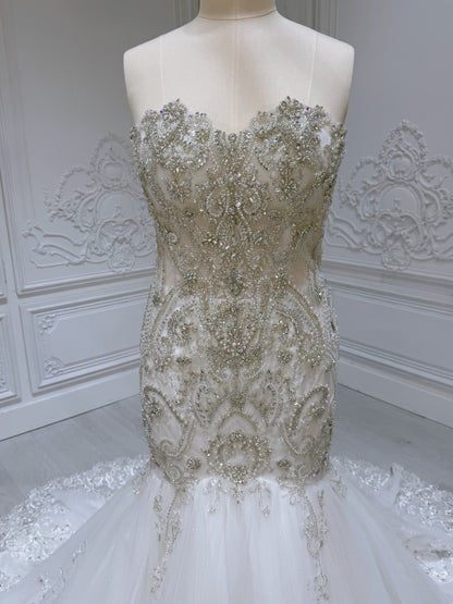 TBC-2IN1-001 Luxury beading sparkling mermaid royal wedding dress with detachable ruffled skirt - Ting's Bridal Collection