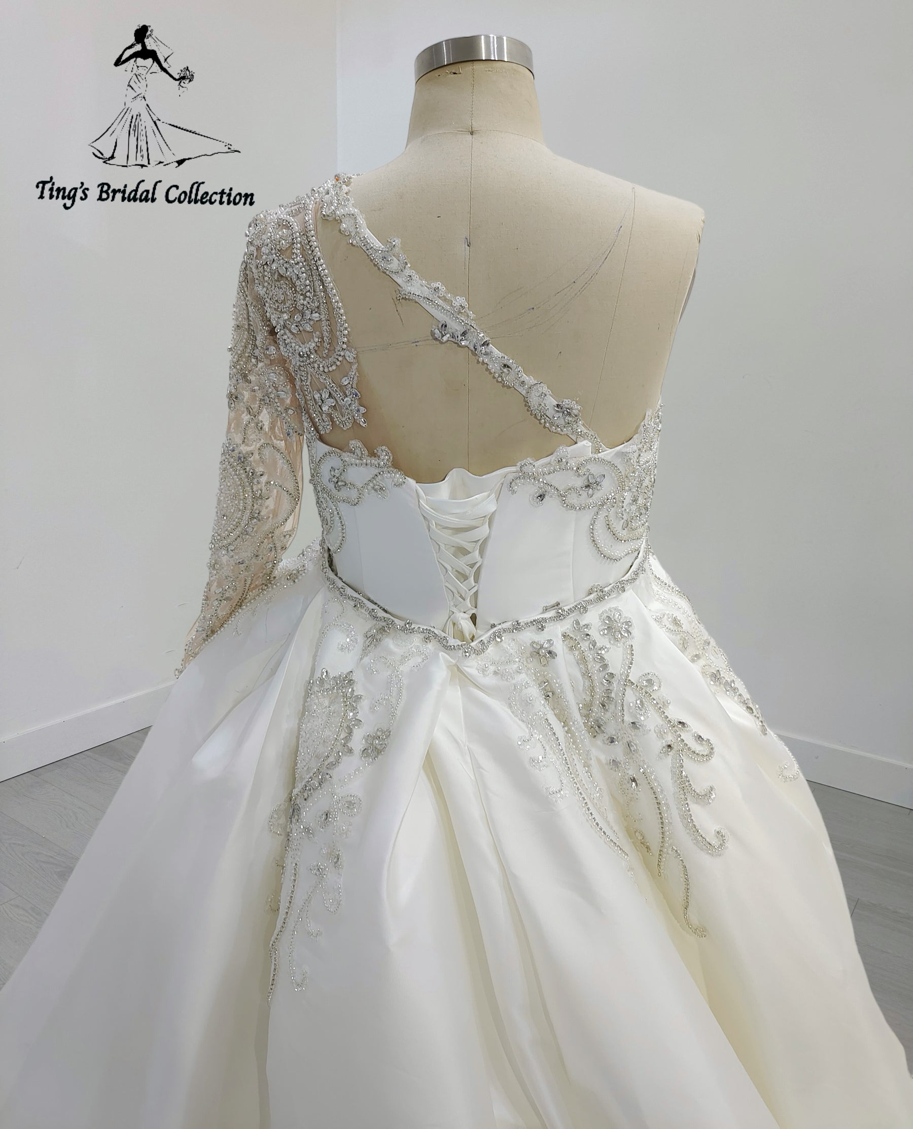 TBC-CM30 Custom-made luxury beading crossed one shoulder with long sleeve 2 in 1 style royal wedding dress with detachable skirt - Ting's Bridal Collection