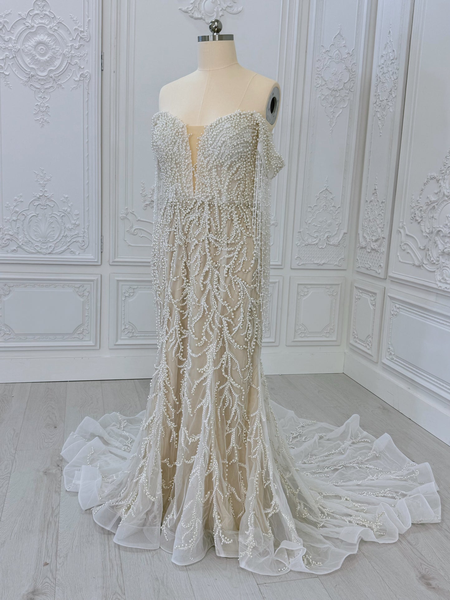 TBC-CM40 Custom-made pearl beading off the shoulder mermaid wedding dress - Ting's Bridal Collection