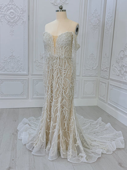 TBC-CM40 Custom-made pearl beading off the shoulder mermaid wedding dress - Ting's Bridal Collection