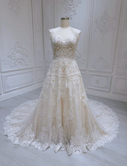 Stock Clearance! Bridal size 12-14! Cream color lace embroidered off the shoulder Aline wedding dress - Ting's Bridal Collection