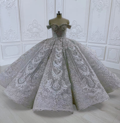 Custom-made luxury crystal beaded sparkling off the shoulder lace embroidered ballgown royal wedding dress - Ting's Bridal Collection