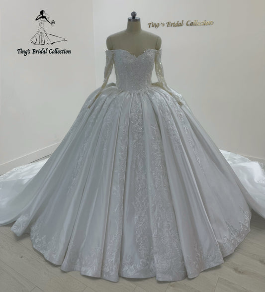 TBC-CM31 Made to order white beading lace off the shoulder long sleeve white satin princess ballgown royal wedding dress with detachable train - Ting's Bridal Collection