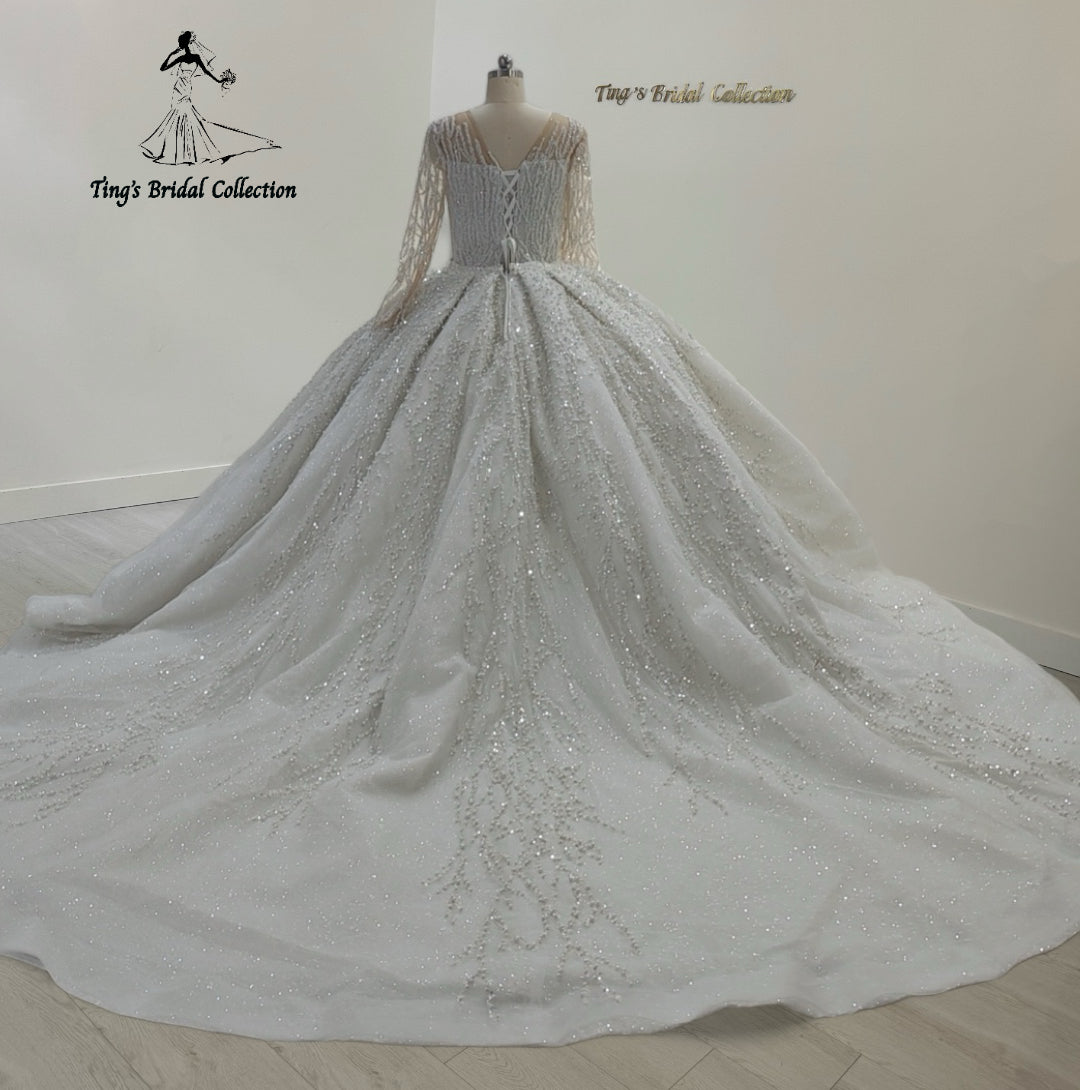 TBC-NB095 Custom-made luxury pearl&beading lace long sleeve ballgown royal wedding dress - Ting's Bridal Collection