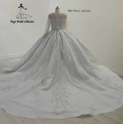 TBC-NB095 Custom-made luxury pearl&beading lace long sleeve ballgown royal wedding dress - Ting's Bridal Collection