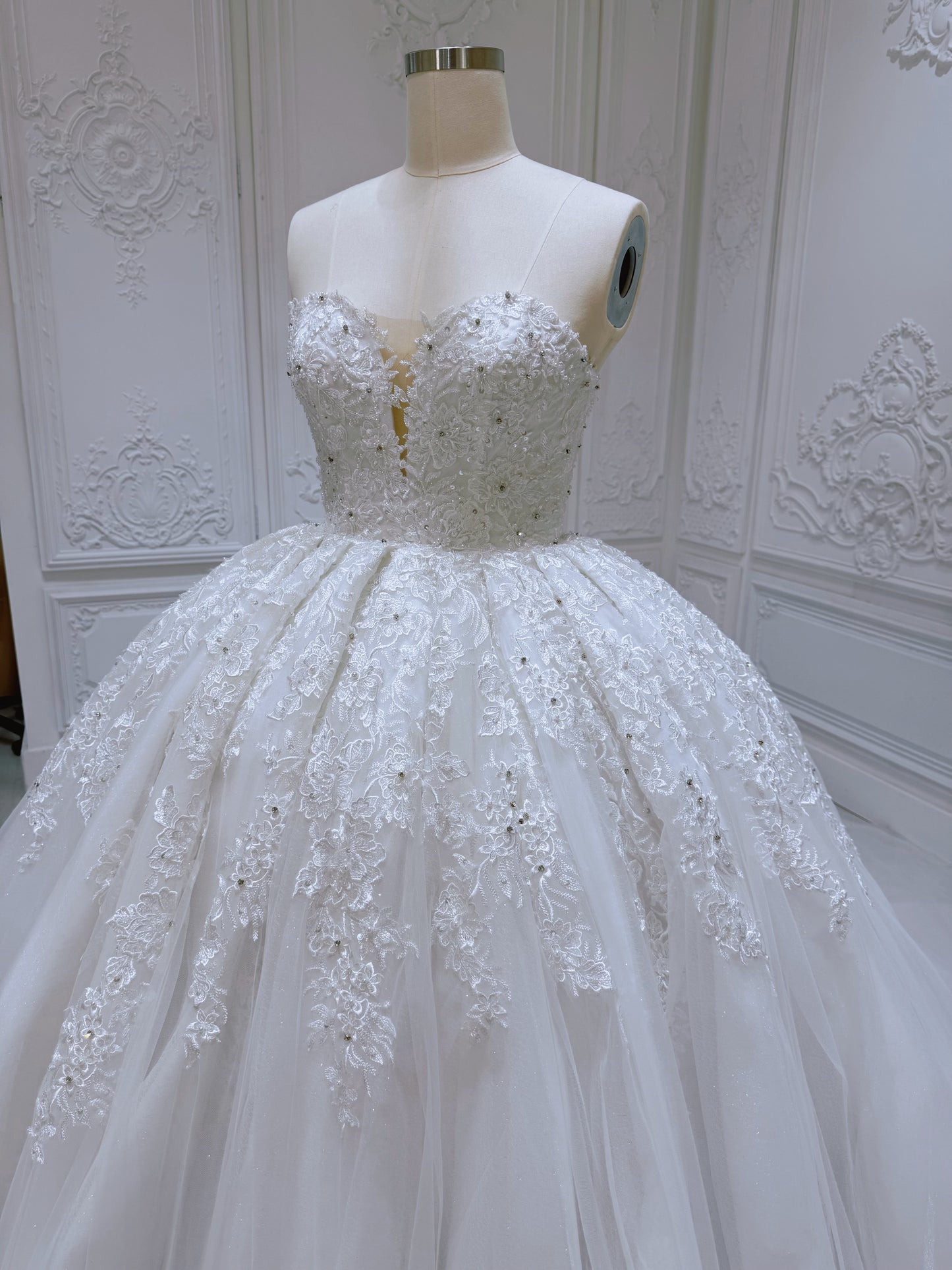 Stock Clearance! Bridal size 12! White floral lace embroidered high neck long sleeve princess ballgown royal wedding dress - Ting's Bridal Collection