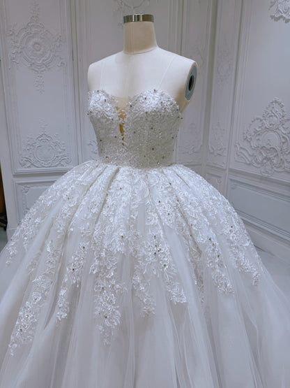 Stock Clearance! Bridal size 12! White floral lace embroidered high neck long sleeve princess ballgown royal wedding dress - Ting's Bridal Collection