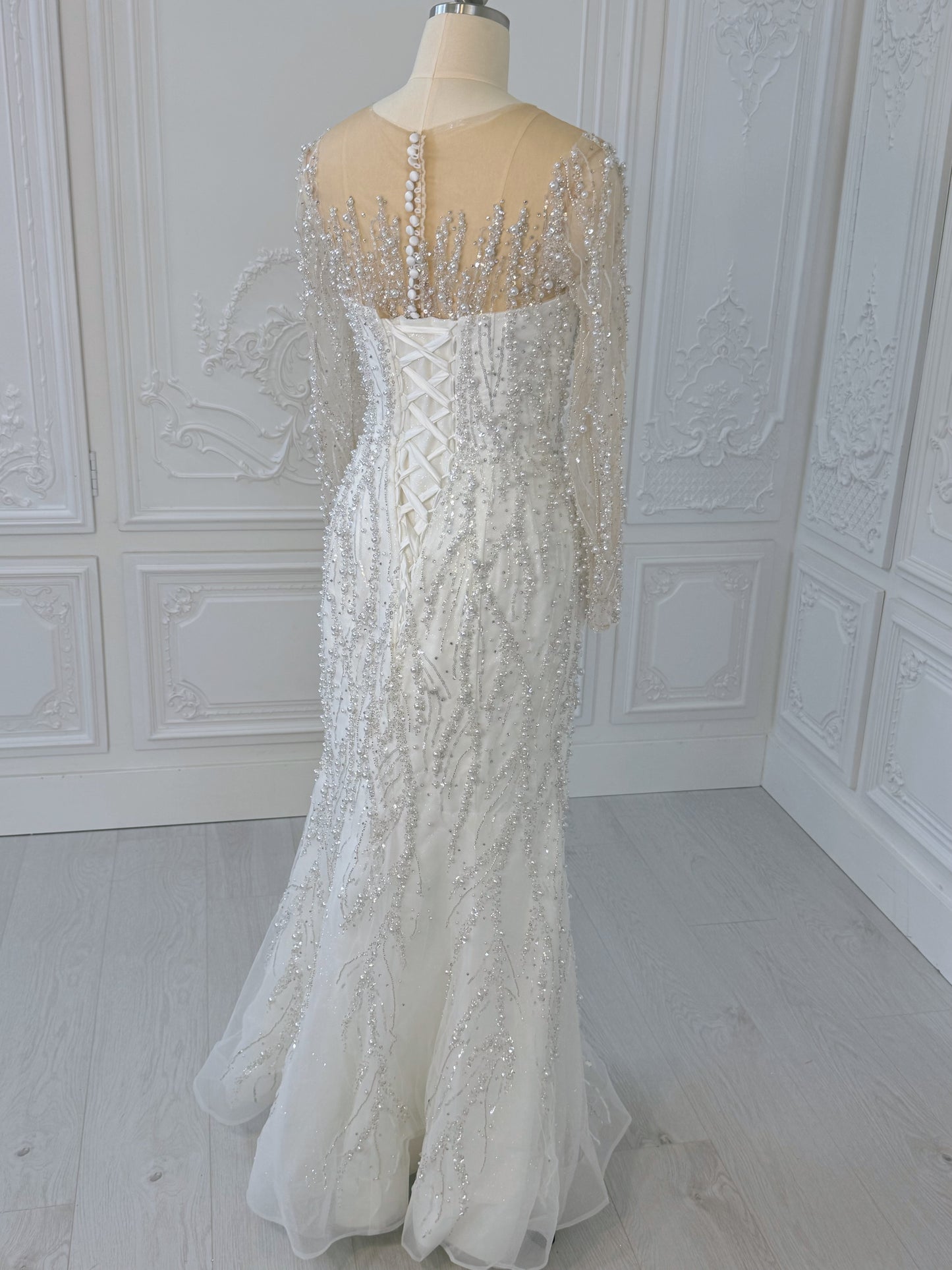 TMC-CM47 Custom-made luxury pearl with beading lace long sleeve 2 in 1 Ballgown&mermaid royal wedding dress - Ting's Bridal Collection