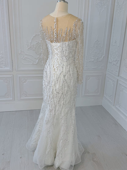 TMC-CM47 Custom-made luxury pearl with beading lace long sleeve 2 in 1 Ballgown&mermaid royal wedding dress - Ting's Bridal Collection