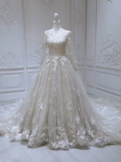Stock clearance floor sample! Size 0. Ivory long sleeve lace Aline wedding dress - Ting's Bridal Collection