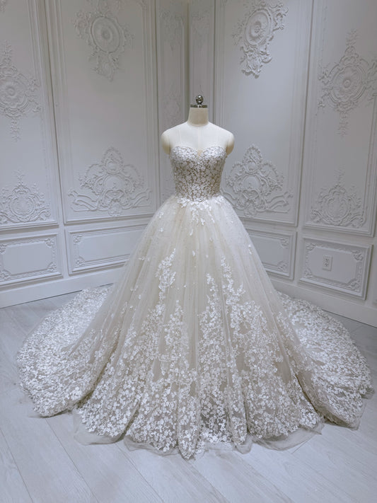 Stock clearance! Bridal size 6! Strapless ivory 3D floral Aline style fairy wedding dress - Ting's Bridal Collection