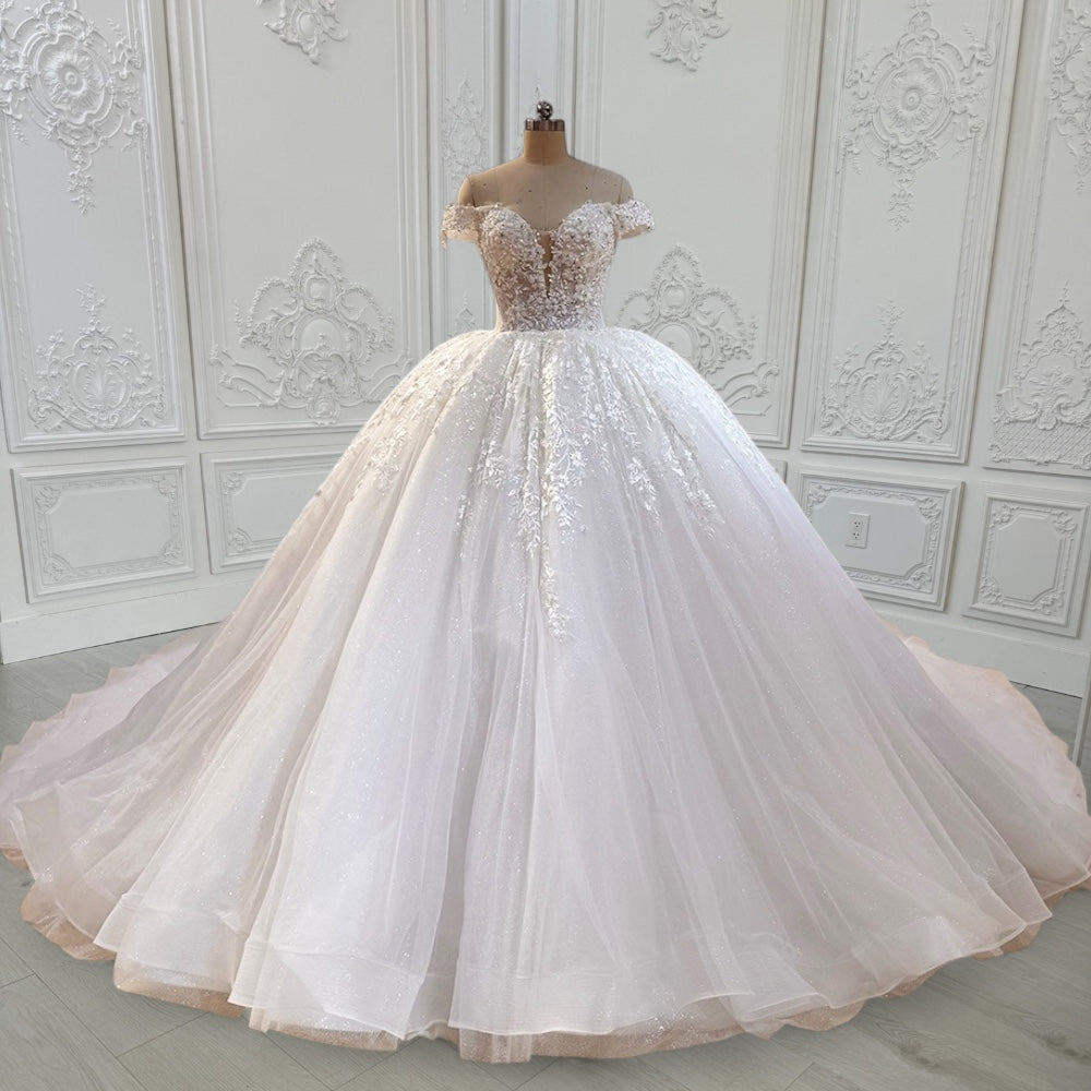 TBC-CM16 Custom-made lace embroidered off the shoulder with Deep V ballgown wedding dress - Ting's Bridal Collection