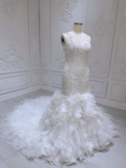 Stock Clearance! Bridal size 14! Custom-made beading lace sweetheart mermaid wedding dress with ruffled skirt - Ting's Bridal Collection