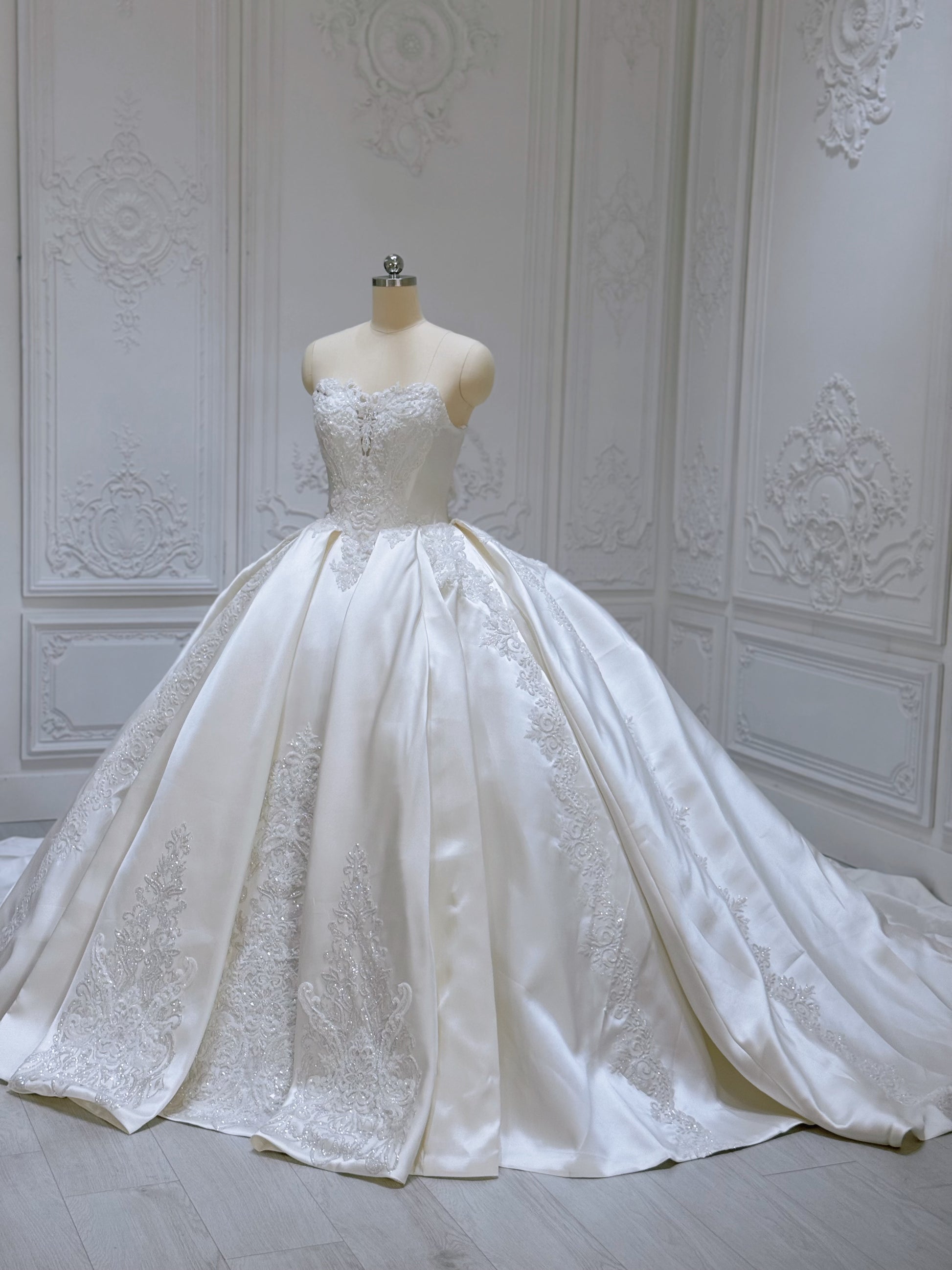 TBC-B045 Luxury lace beading ivory satin princess ballgown royal wedding dress - Ting's Bridal Collection