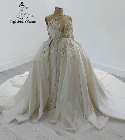 TBC-CM30 Custom-made luxury beading crossed one shoulder with long sleeve 2 in 1 style royal wedding dress with detachable skirt - Ting's Bridal Collection