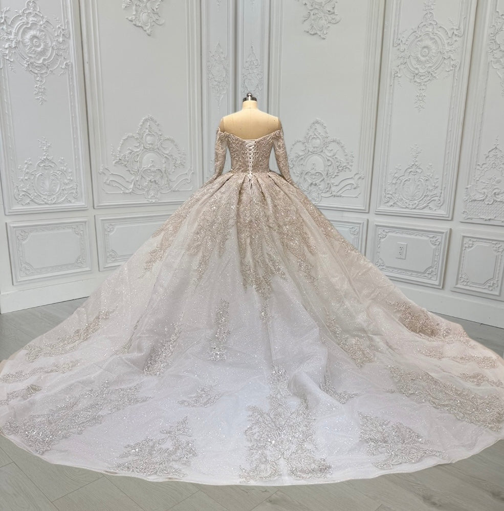 Custom-made luxury beading sparkling off the shoulder with V-neck long sleeve princess ballgown royal wedding dress - Ting's Bridal Collection