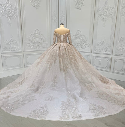 Custom-made luxury beading sparkling off the shoulder with V-neck long sleeve princess ballgown royal wedding dress - Ting's Bridal Collection