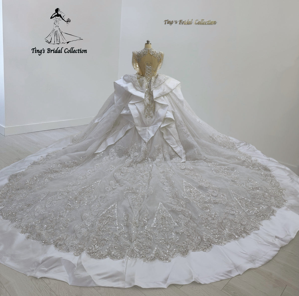TBC-JB099 Custom-made luxury beading satin long sleeve royal wedding dress