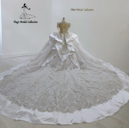 TBC-JB099 Custom-made luxury beading satin long sleeve royal wedding dress