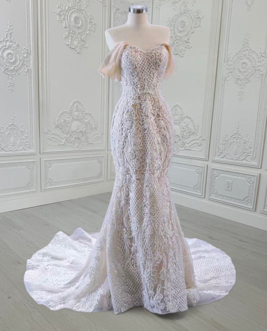 TBC-CM39 Custom-made champagne color off the shoulder lace embroidered mermaid wedding dress - Ting's Bridal Collection