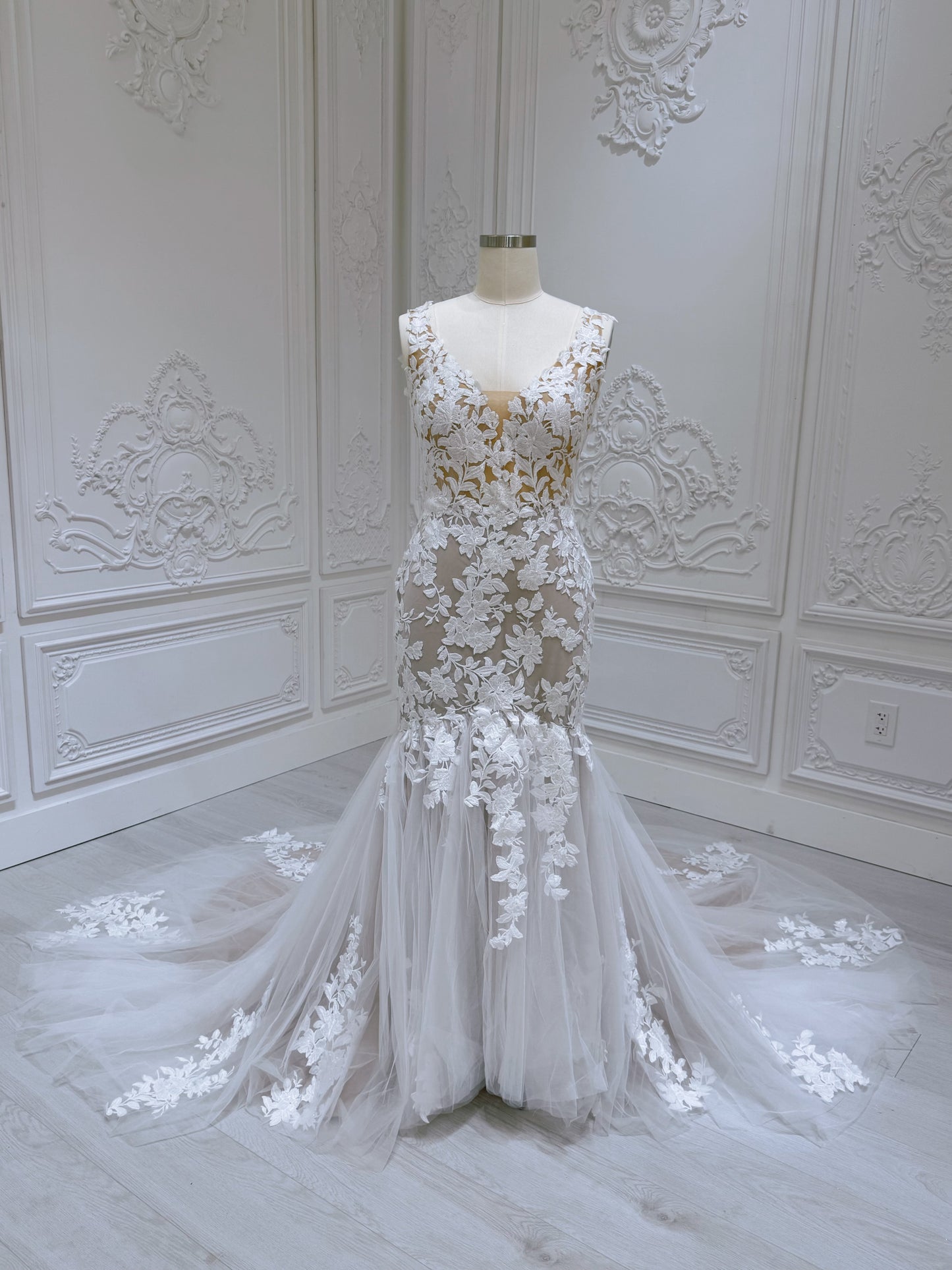 TBC-A017 Made to order lace mermaid champagne wedding dress - Ting's Bridal Collection