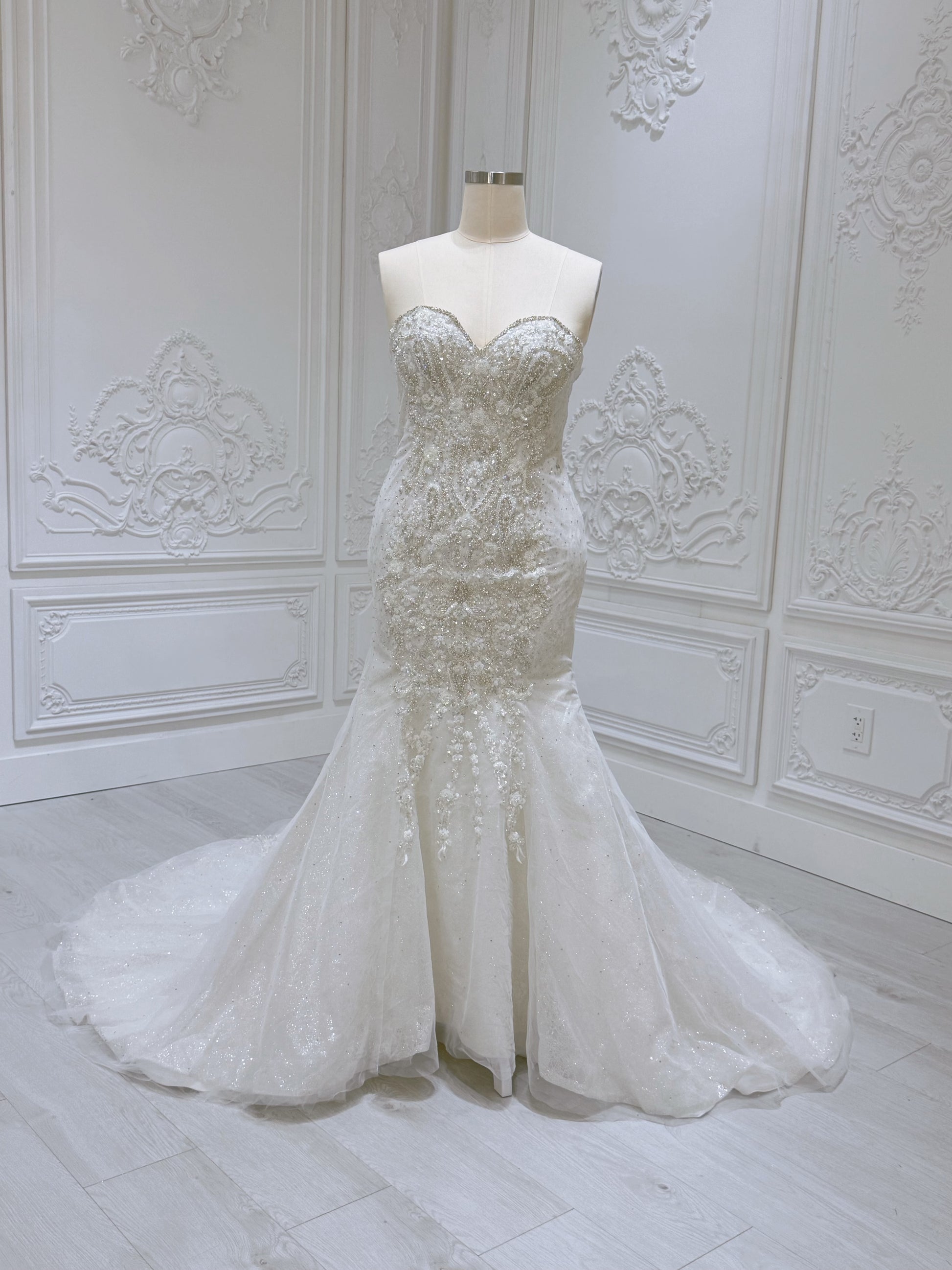 Stock Clearance! Bridal size 12! Custom-made off white beading strapless 2 in 1 look trumpet wedding dress with detachable ruffled skirt - Ting's Bridal Collection