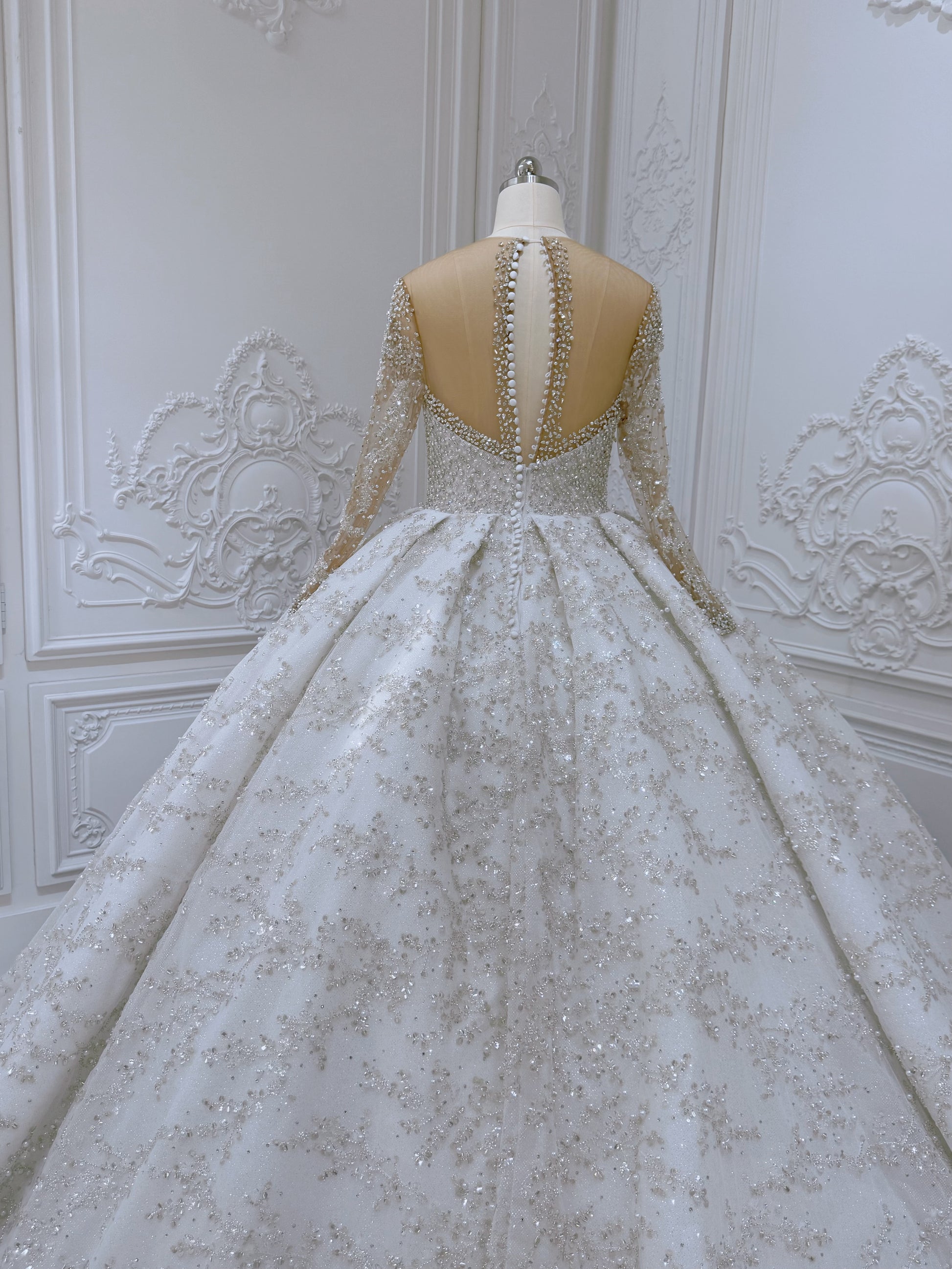 TBC-CM52 Custom-made luxury crystal with beading lace long sleeve sparkling princess ballgown royal wedding dress - Ting's Bridal Collection