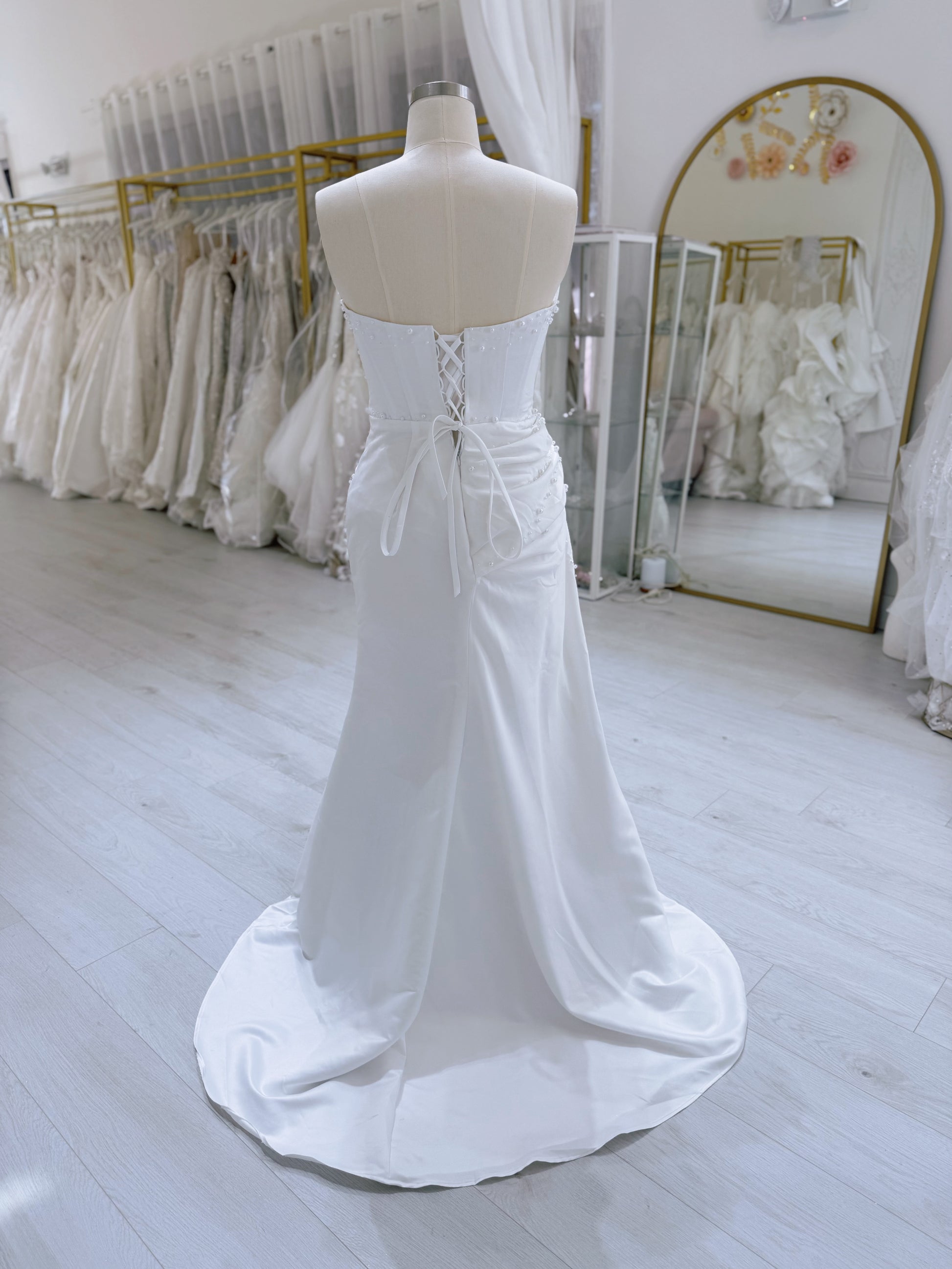 Stock Sale! Size 14 white beaded&pleated satin trumpet wedding dress/reception dress/Bridal shower dress - Ting's Bridal Collection