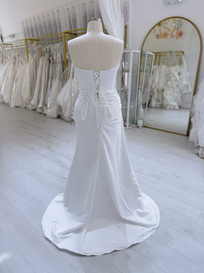 Stock Sale! Size 14 white beaded&pleated satin trumpet wedding dress/reception dress/Bridal shower dress - Ting's Bridal Collection