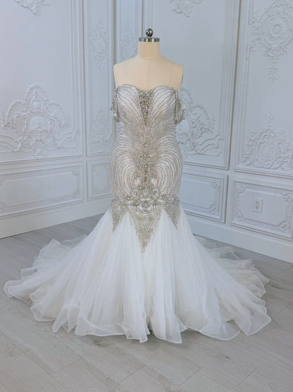 TBC-2IN1-003 Luxury crystal pearl beaded off the shoulder mermaid wedding dress with detachable ruffled skirt - Ting's Bridal Collection