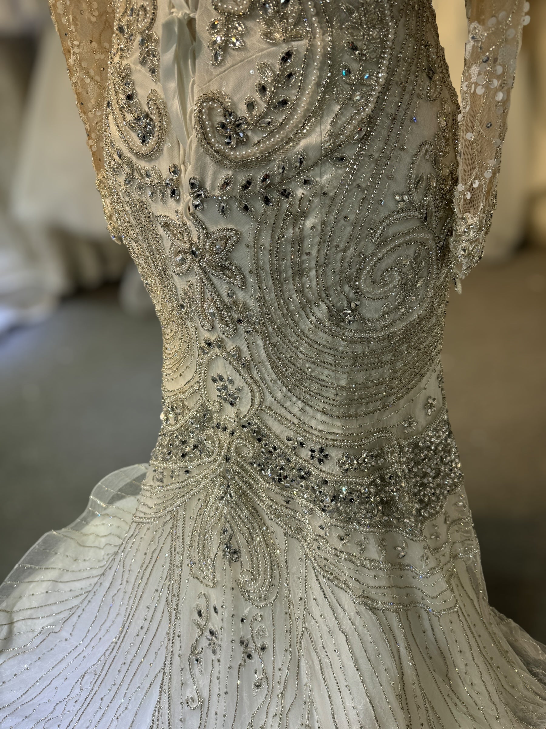 TBC-CM49 Custom-made fully crystal beaded long sleeve mermaid royal wedding dress with detachable ruffles skirt - Ting's Bridal Collection