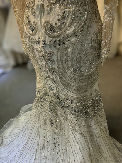 TBC-CM49 Custom-made fully crystal beaded long sleeve mermaid royal wedding dress with detachable ruffles skirt - Ting's Bridal Collection