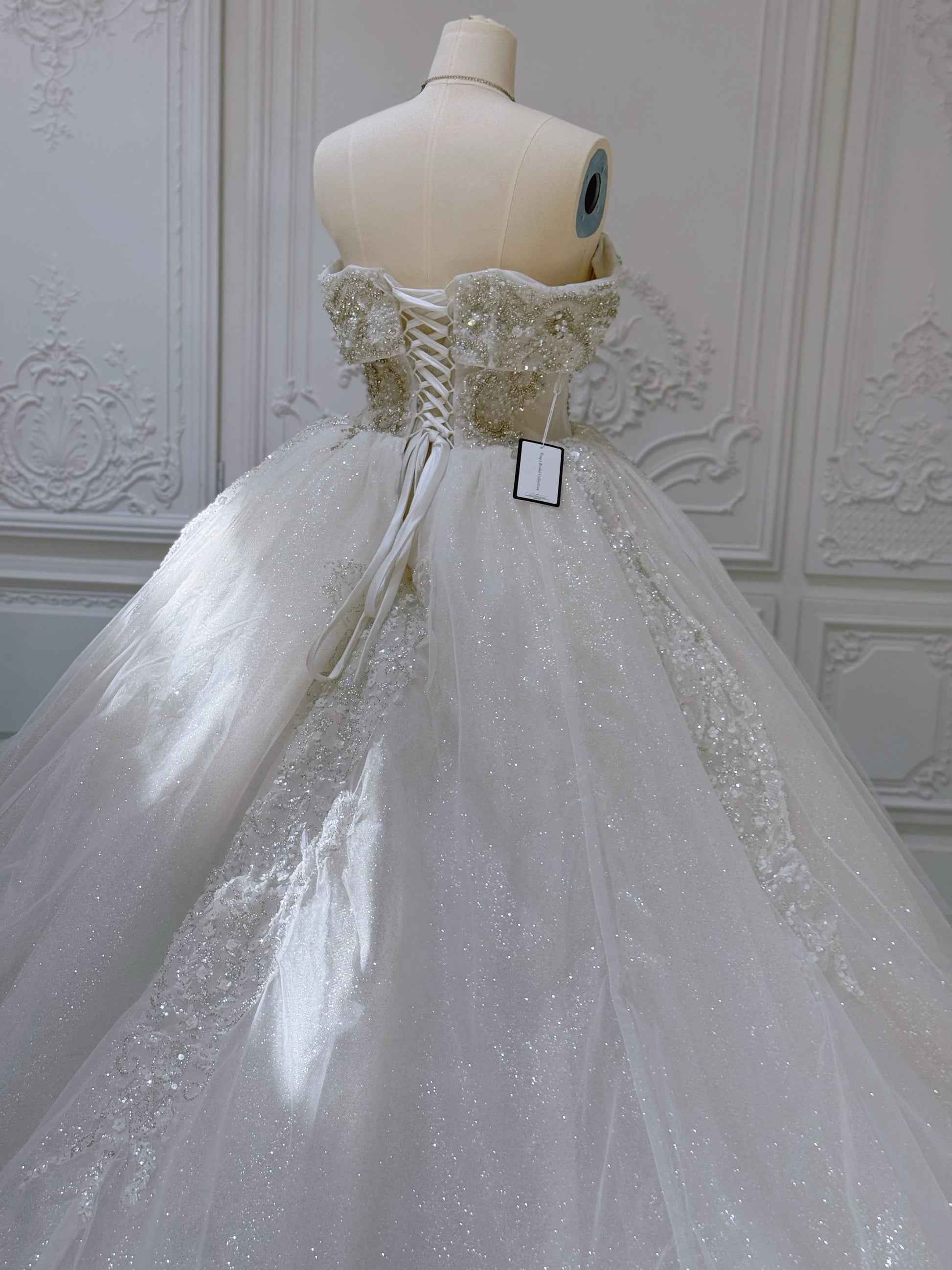 Stock Clearance! Bridal size 8! Custom-made off the shoulder crystal on beading lace princess ballgown sparkling wedding dress - Ting's Bridal Collection